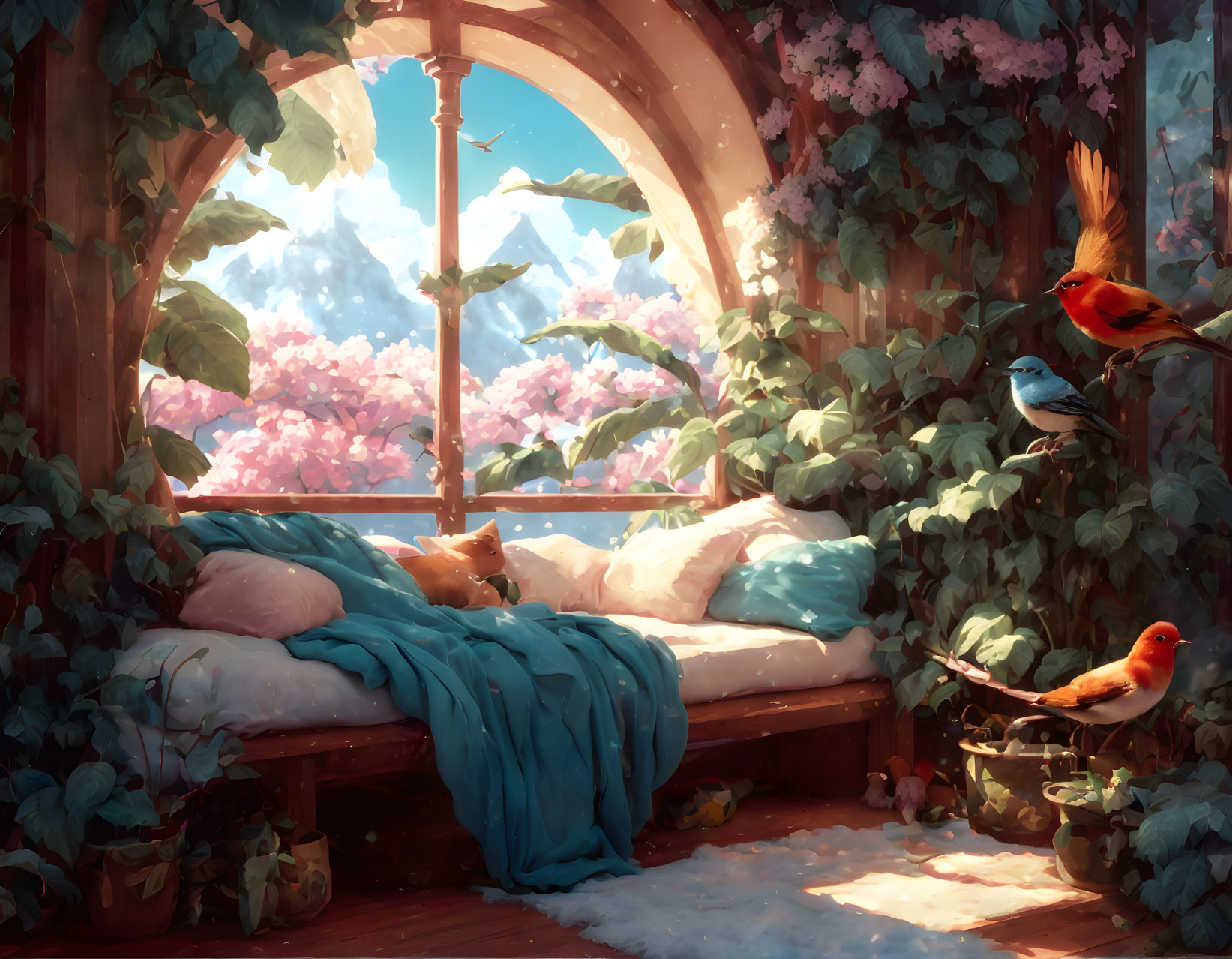 Tranquil indoor scene with napping cat, flowers, birds, and mountains