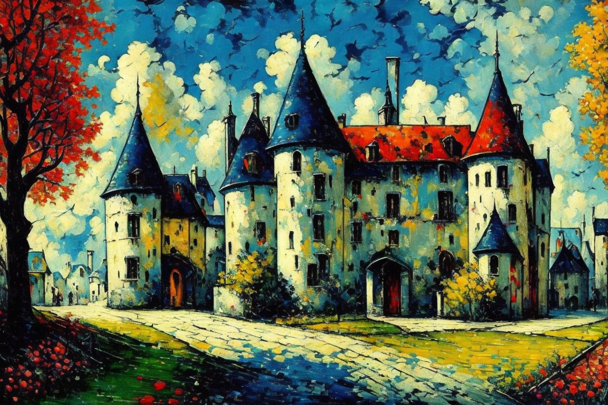 Medieval castle painting with autumn trees under blue sky