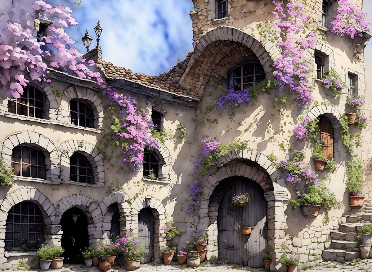 Historic stone building with wisterias and potted plants under blue sky