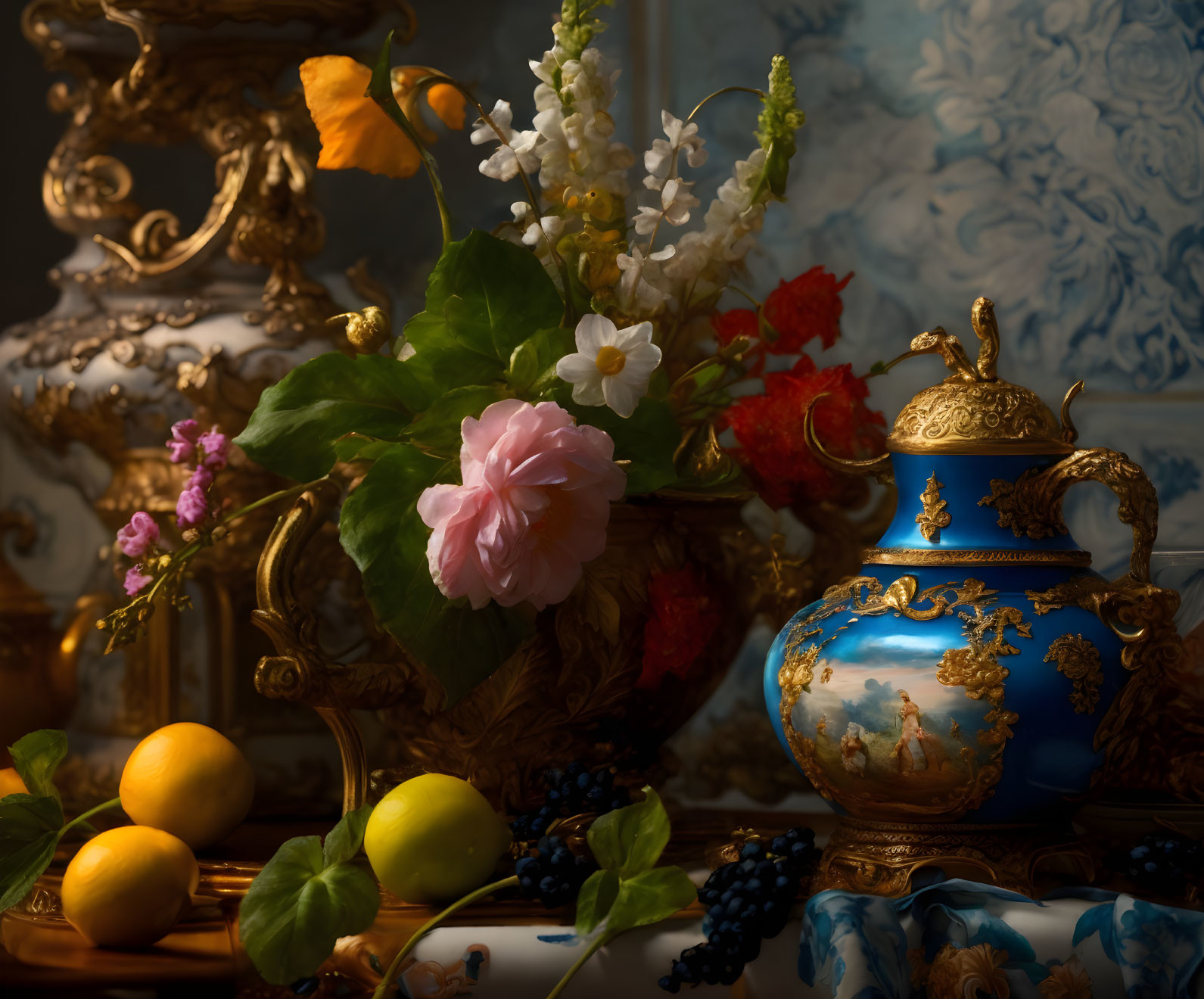 Decorative blue and gold teapot with fruit and flowers on patterned backdrop