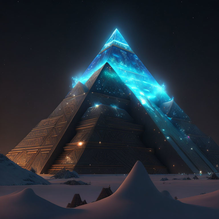 Futuristic pyramid glowing blue in snowy desert night sky