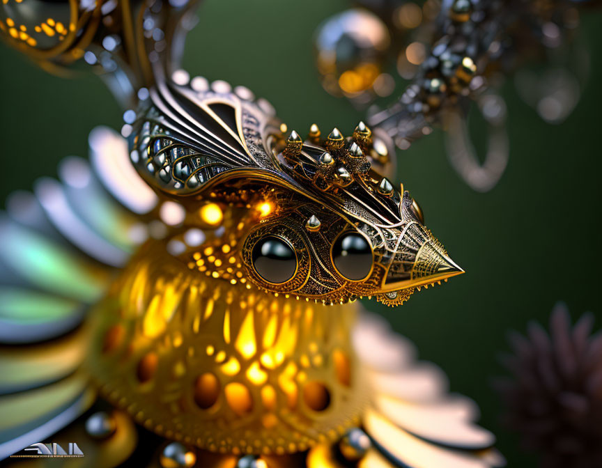 Intricate Fractal Artwork: Surreal Bird with Metallic Textures