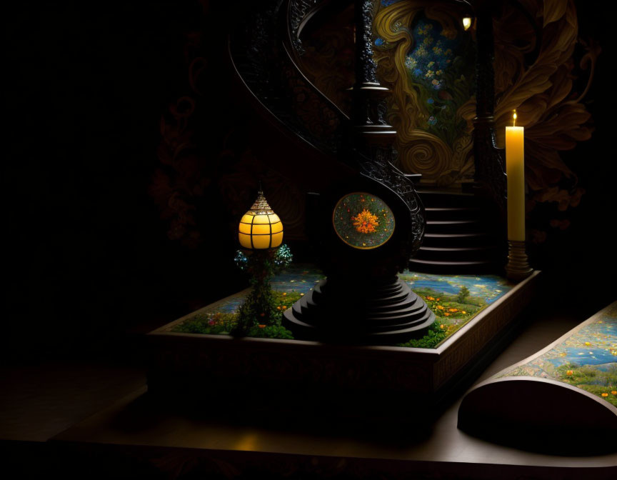 Ornate mystical staircase in dark room with candlelight