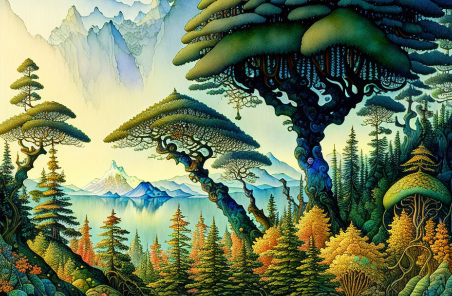 Colorful landscape with stylized trees, undulating terrain, and distant mountain