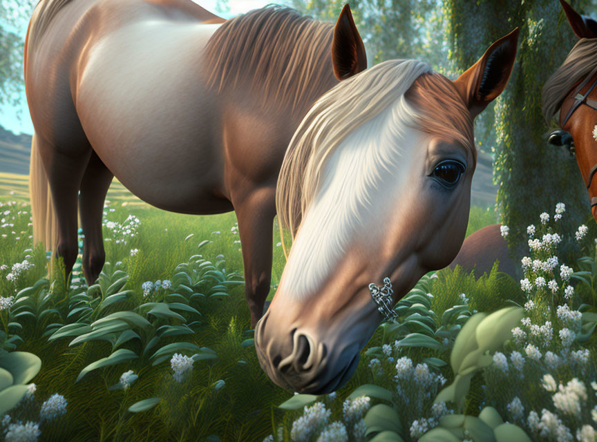 Brown and White Horse with Blonde Mane in Sunny Field