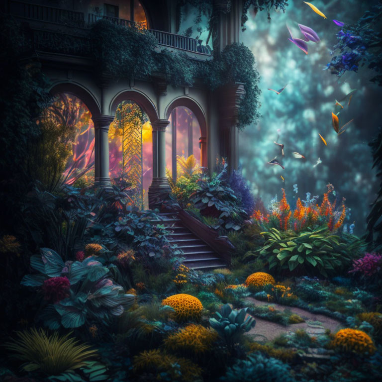 Lush garden, colorful flowers, archaic house, lit interiors, otherworldly sky, floating