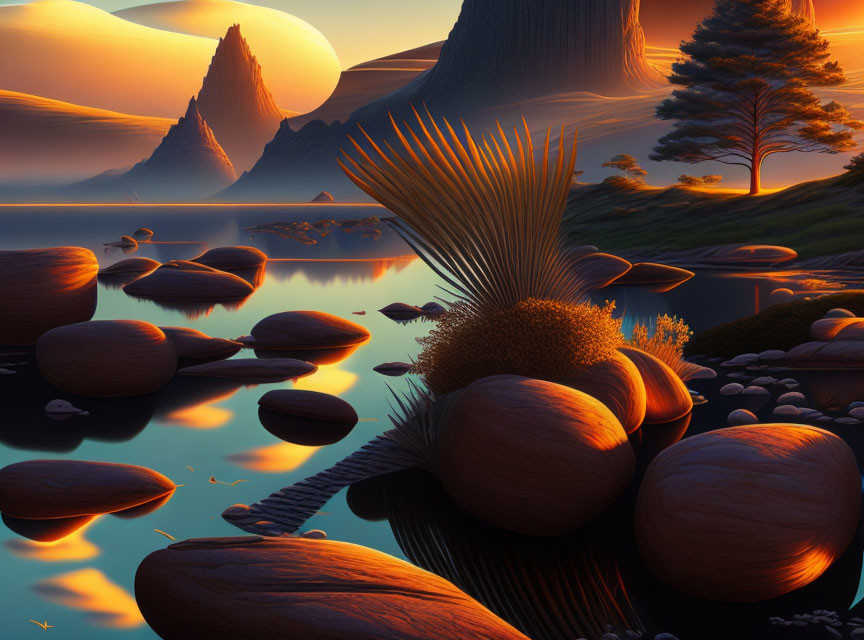 Surreal landscape with smooth rocks, reflective water, towering cliffs, lone tree, two moons