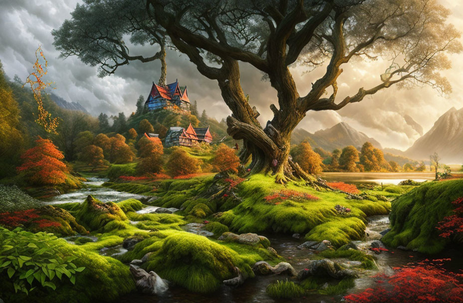 Fantasy landscape with large tree, castle, vibrant foliage, and mountains