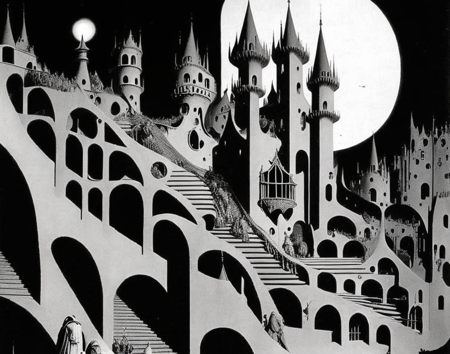 Intricate black and white surreal castle with moon, staircases, arches, and figures