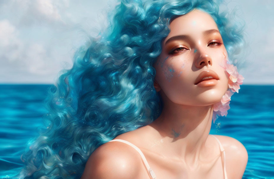 Woman with Blue Wavy Hair and Flowers by Serene Blue Ocean