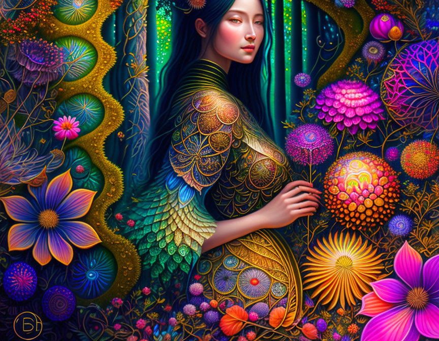 Colorful digital artwork: Woman with peacock features in floral setting