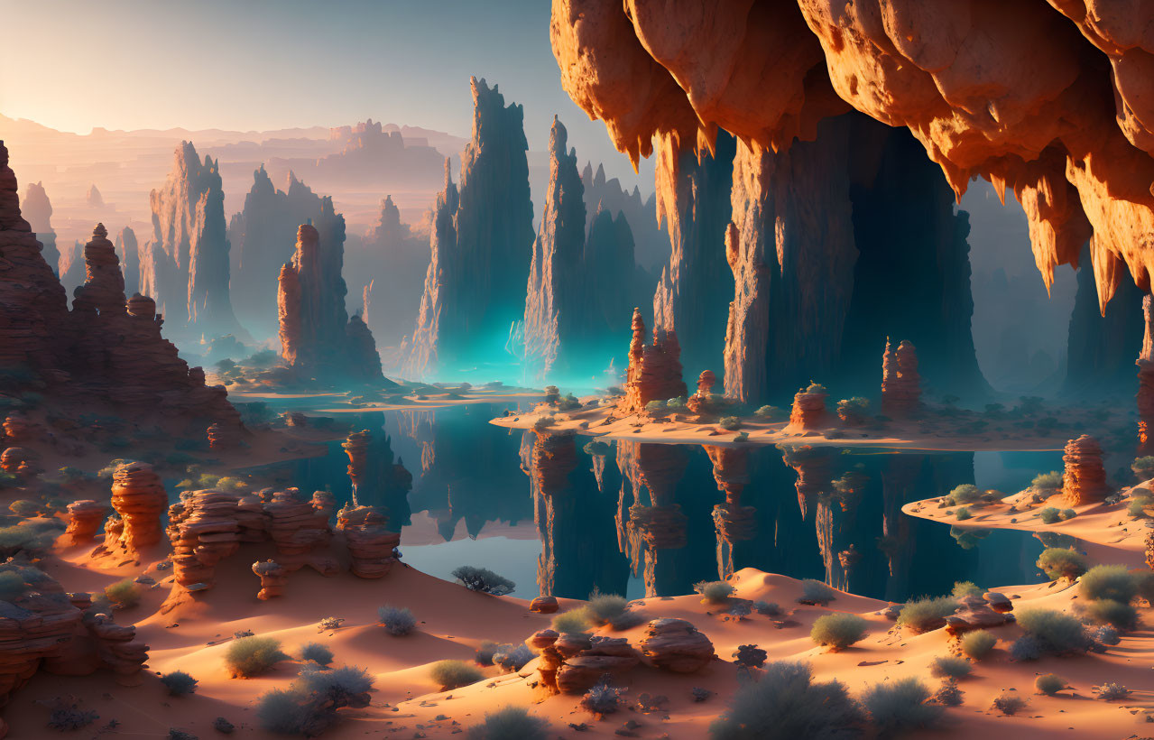 Desert landscape with sandstone pillars, river, and sun glow