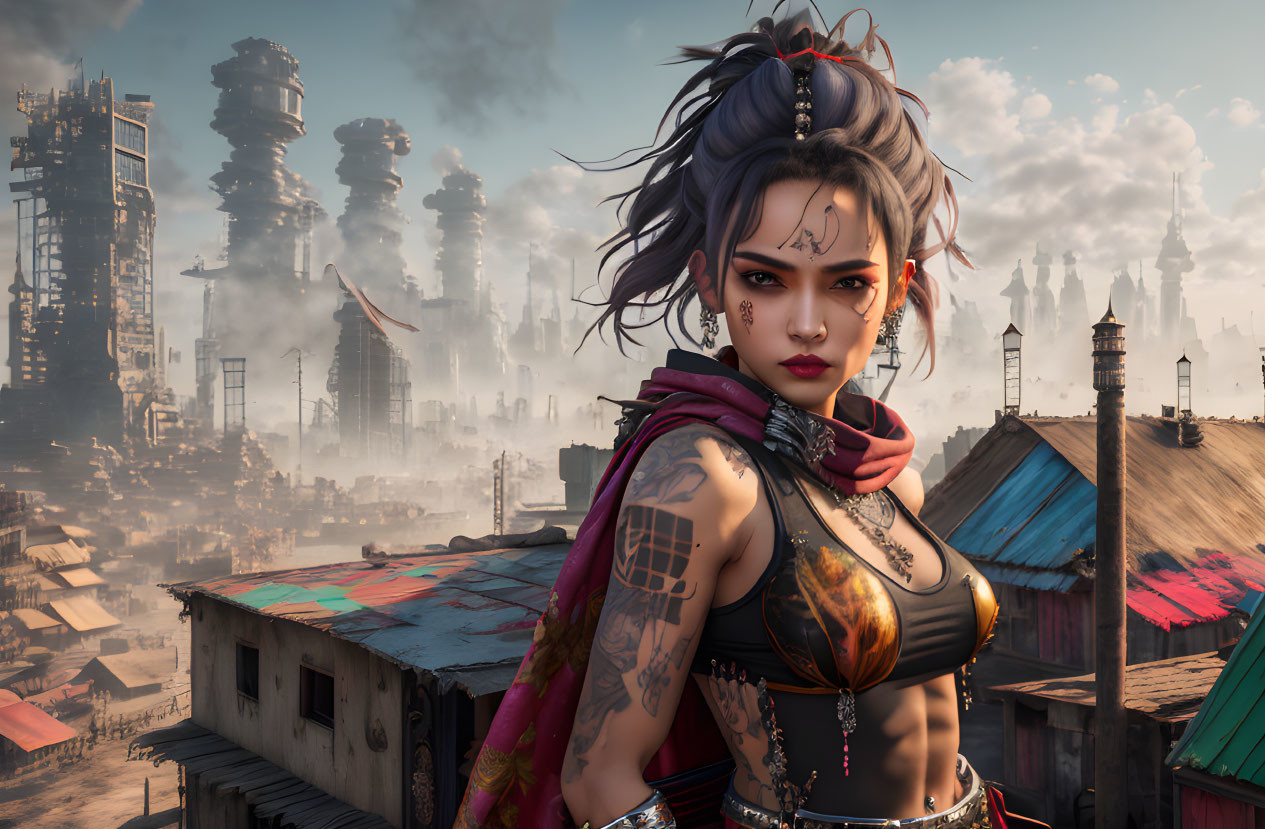 Fierce woman with tattoos and piercings in red scarf against futuristic cityscape