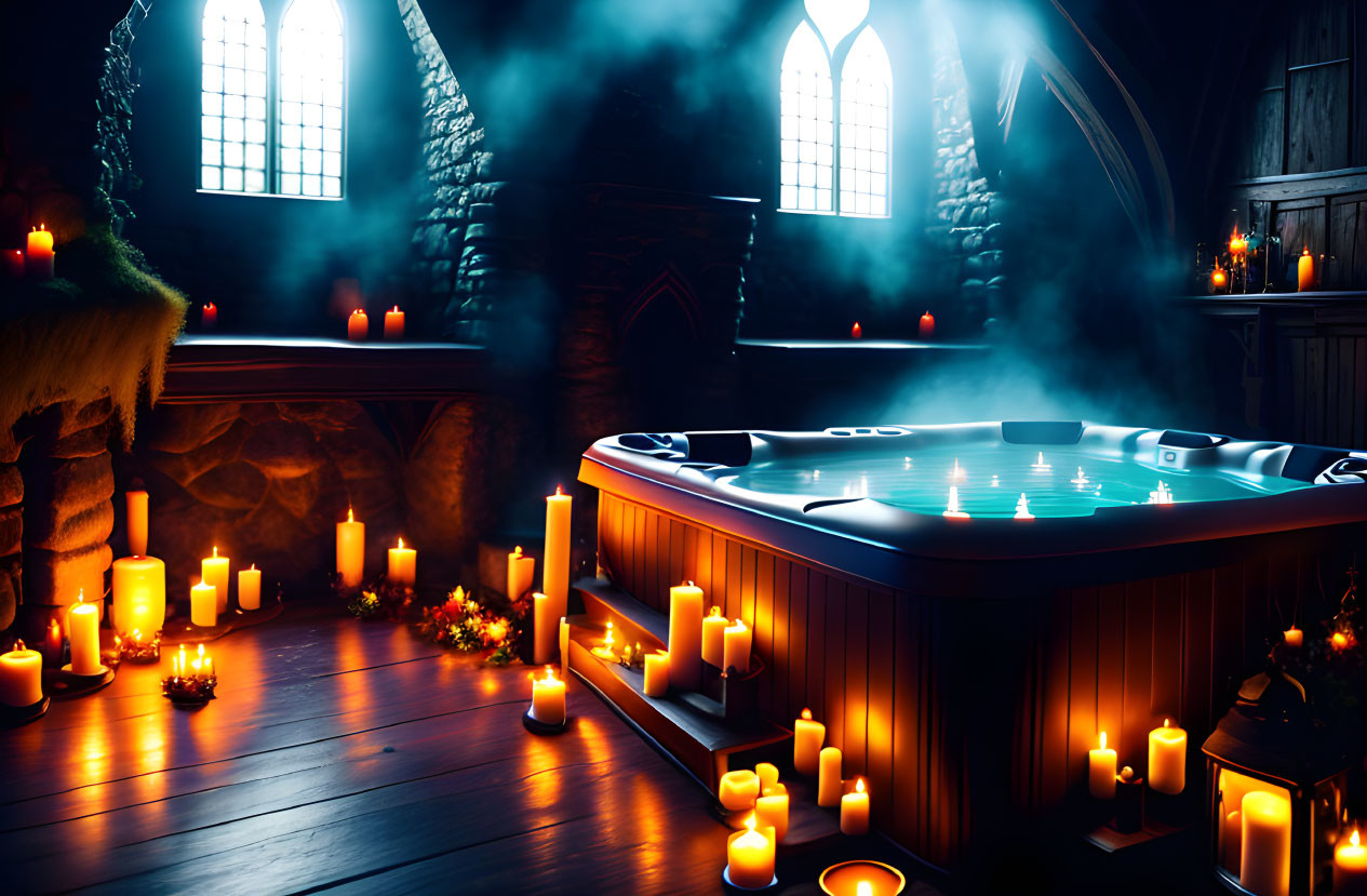 Gothic-style room with hot tub, candles, stained-glass windows, and mystical smoke