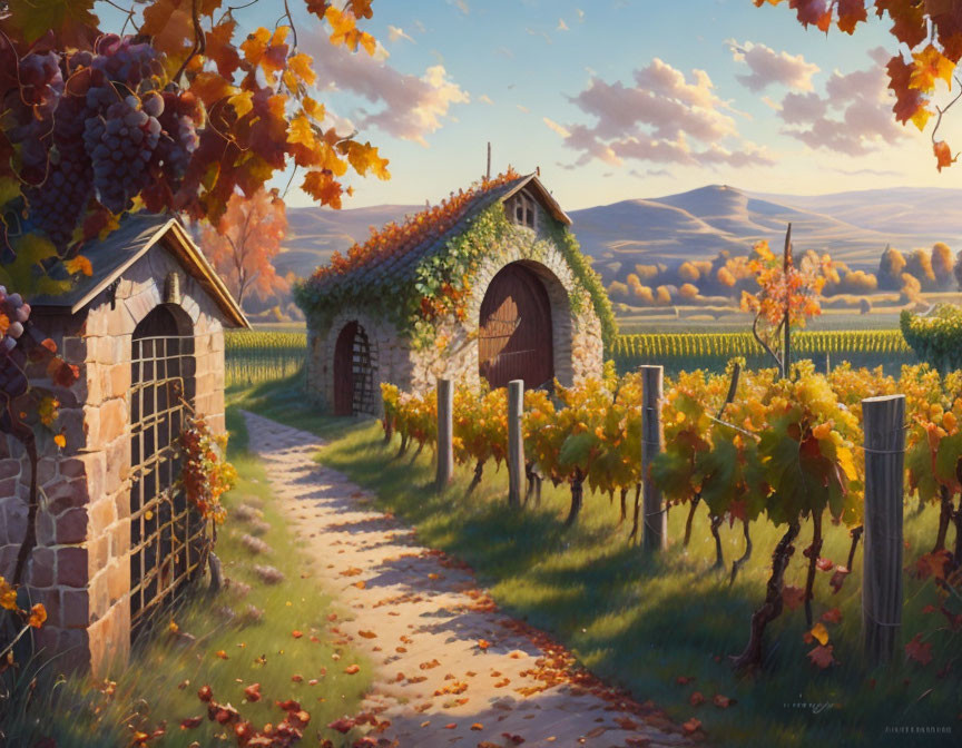 Idyllic vineyard with ripe grapes, stone path, twin cottages, ivy, rolling