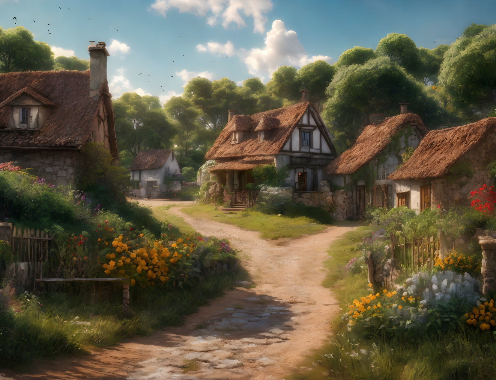 Tranquil village scene with cottages, flowers, dirt path, and birds in sunny setting