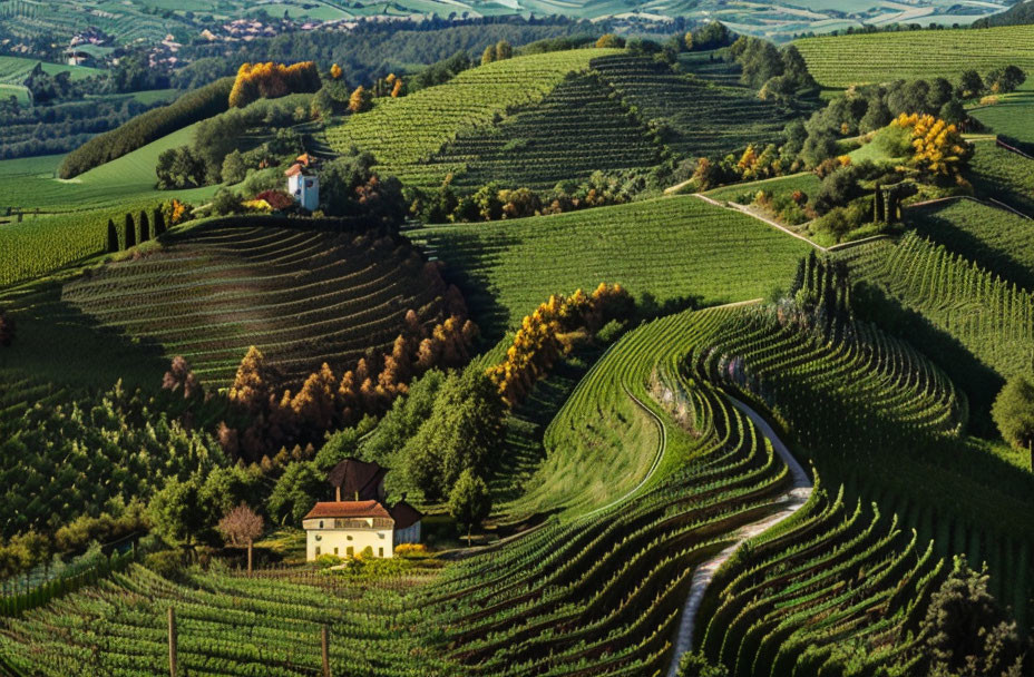 Vineyard landscape with rolling hills, winding road, and scattered buildings