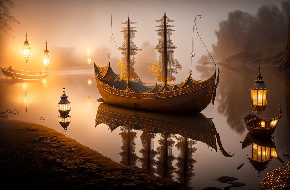 Glowing lanterns on ornate boats in serene river scene