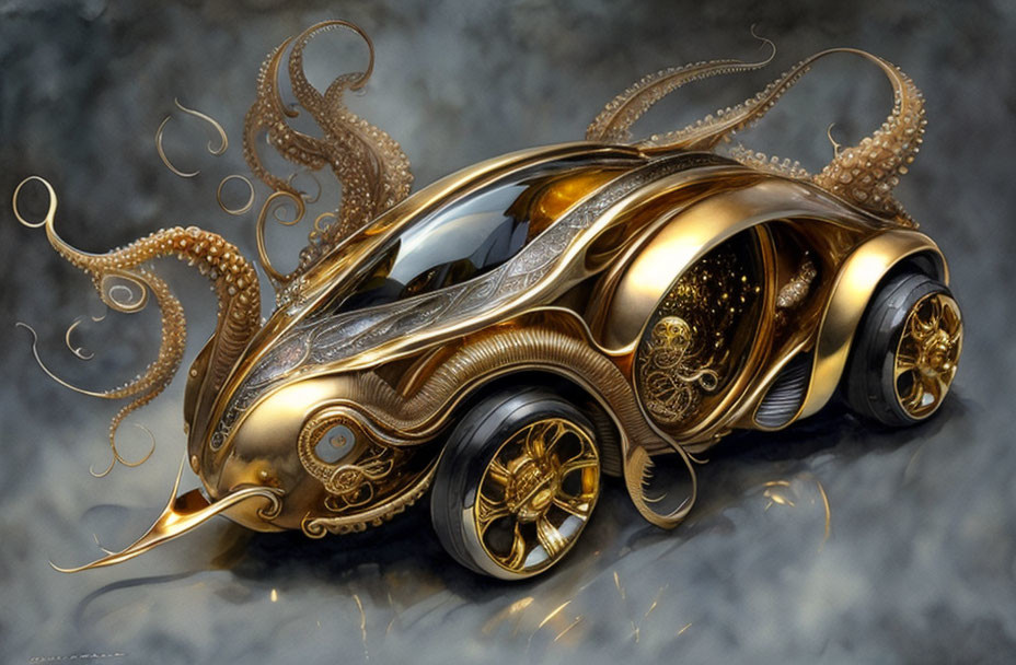 Golden Steampunk Car with Octopus Tentacles and Detailed Designs