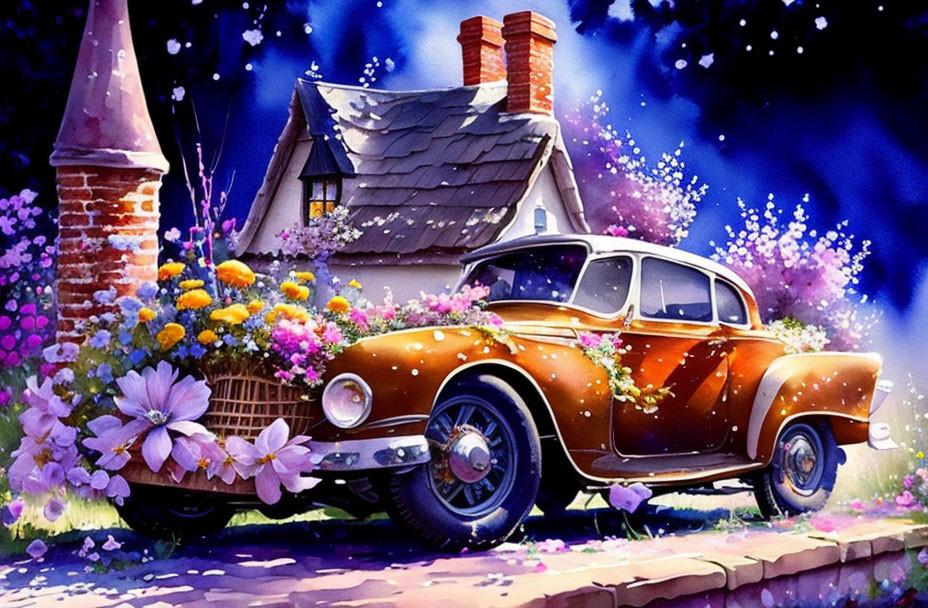 Vintage Car Covered in Flowers Beside Quaint House at Night