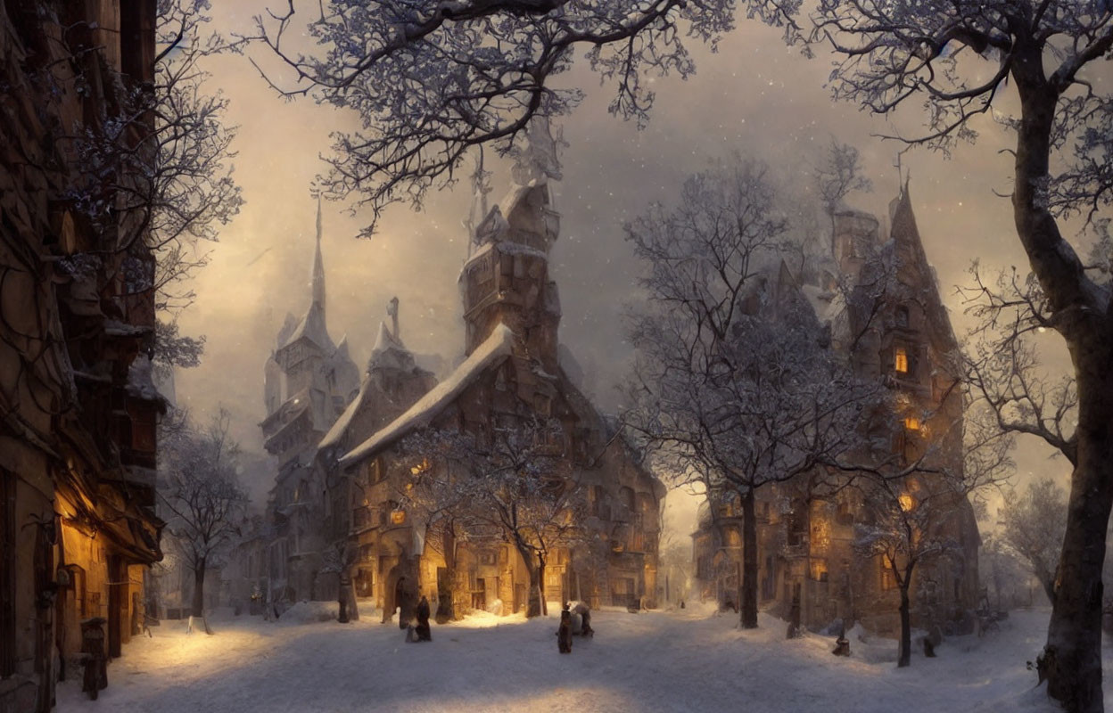 Snowy Evening Scene: Village with Historic Buildings and Glowing Windows