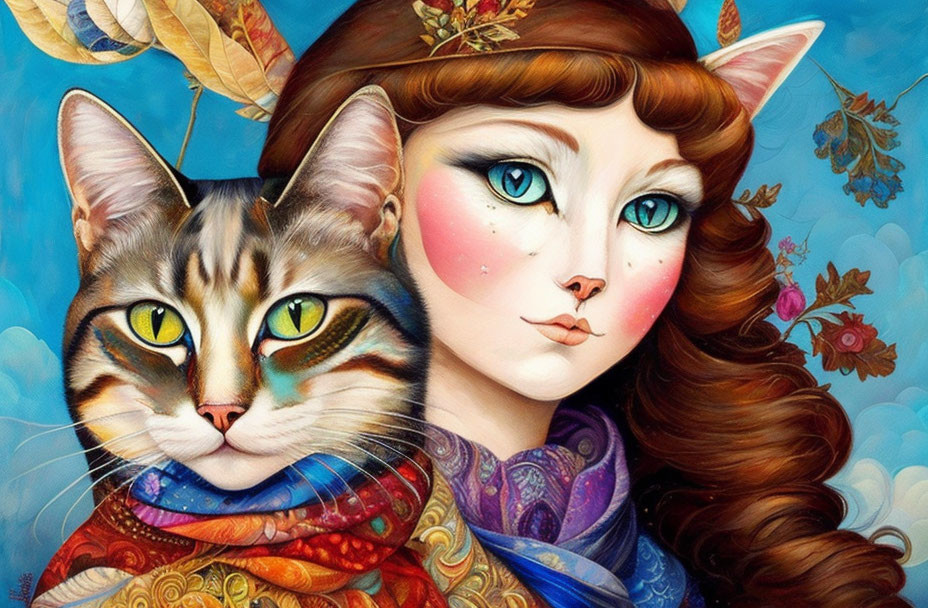 Surreal artwork: Woman and tabby cat fusion in vibrant botanical setting