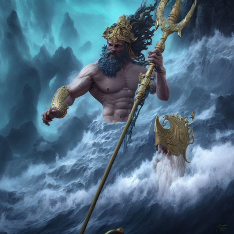 Bearded deity with trident in stormy ocean scene