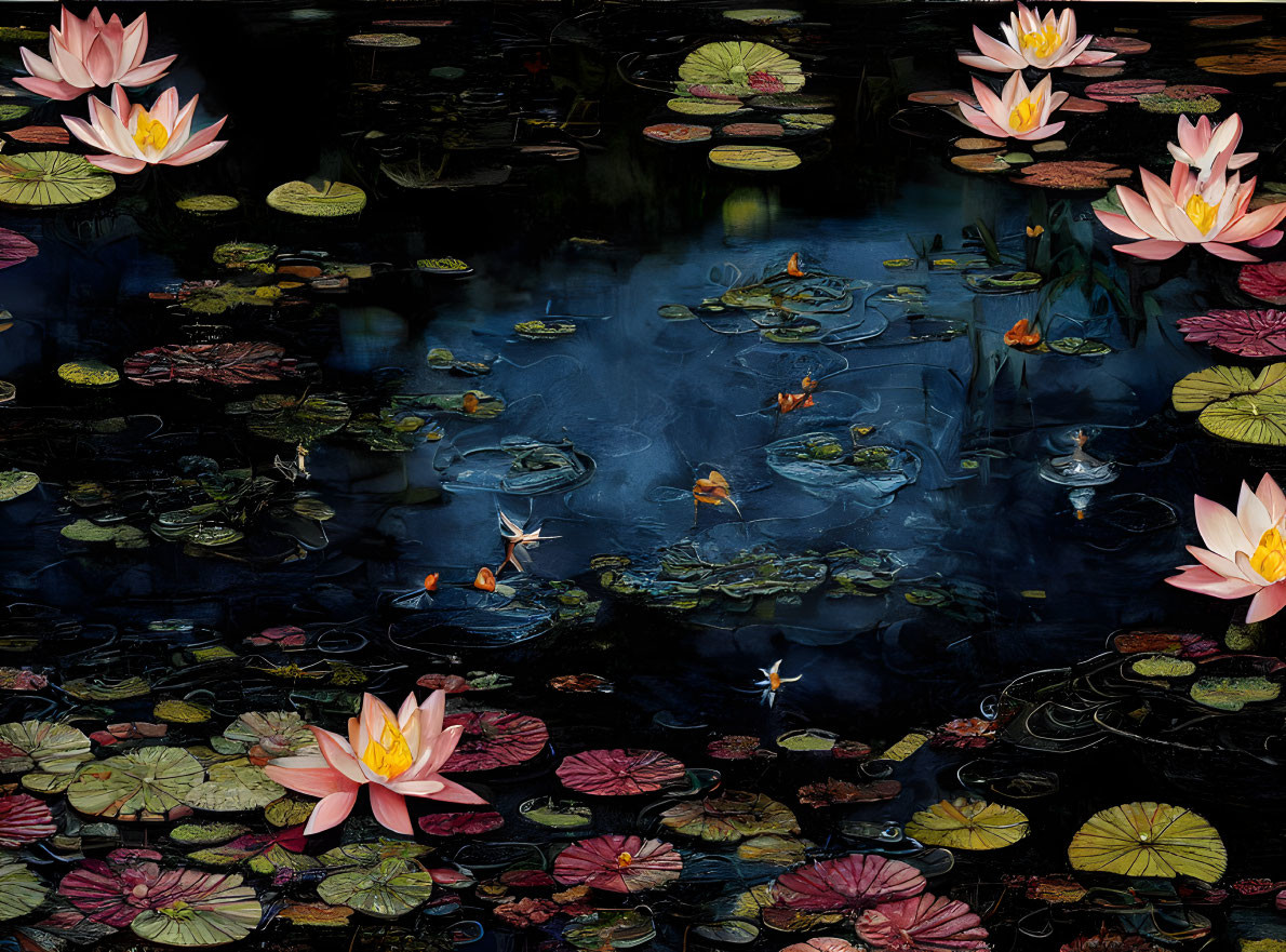 Tranquil twilight pond with vibrant water lilies and lotus flowers