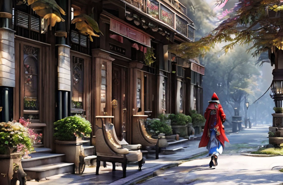 Person in Red Cloak Strolling Serene Street with Classic Buildings