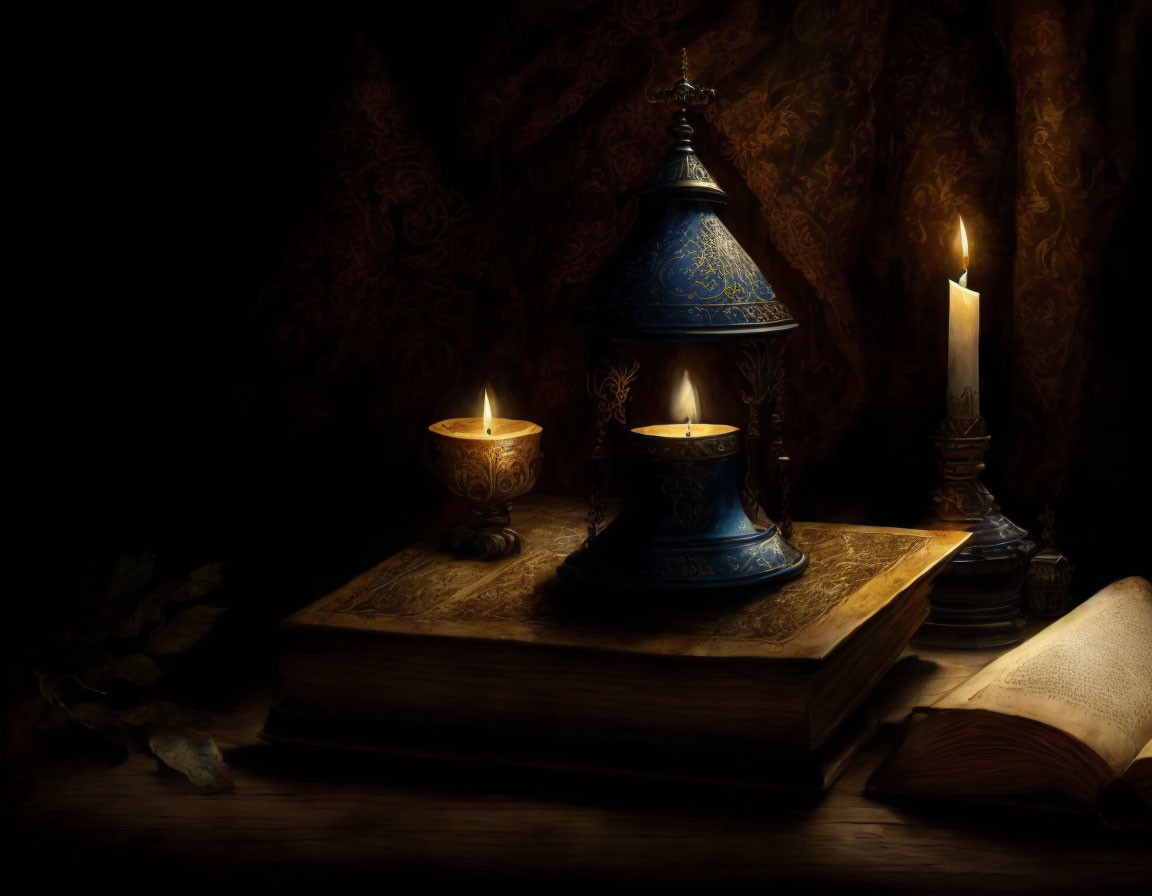 Blue lantern, old book, lit candle, fallen leaves on dark wooden surface