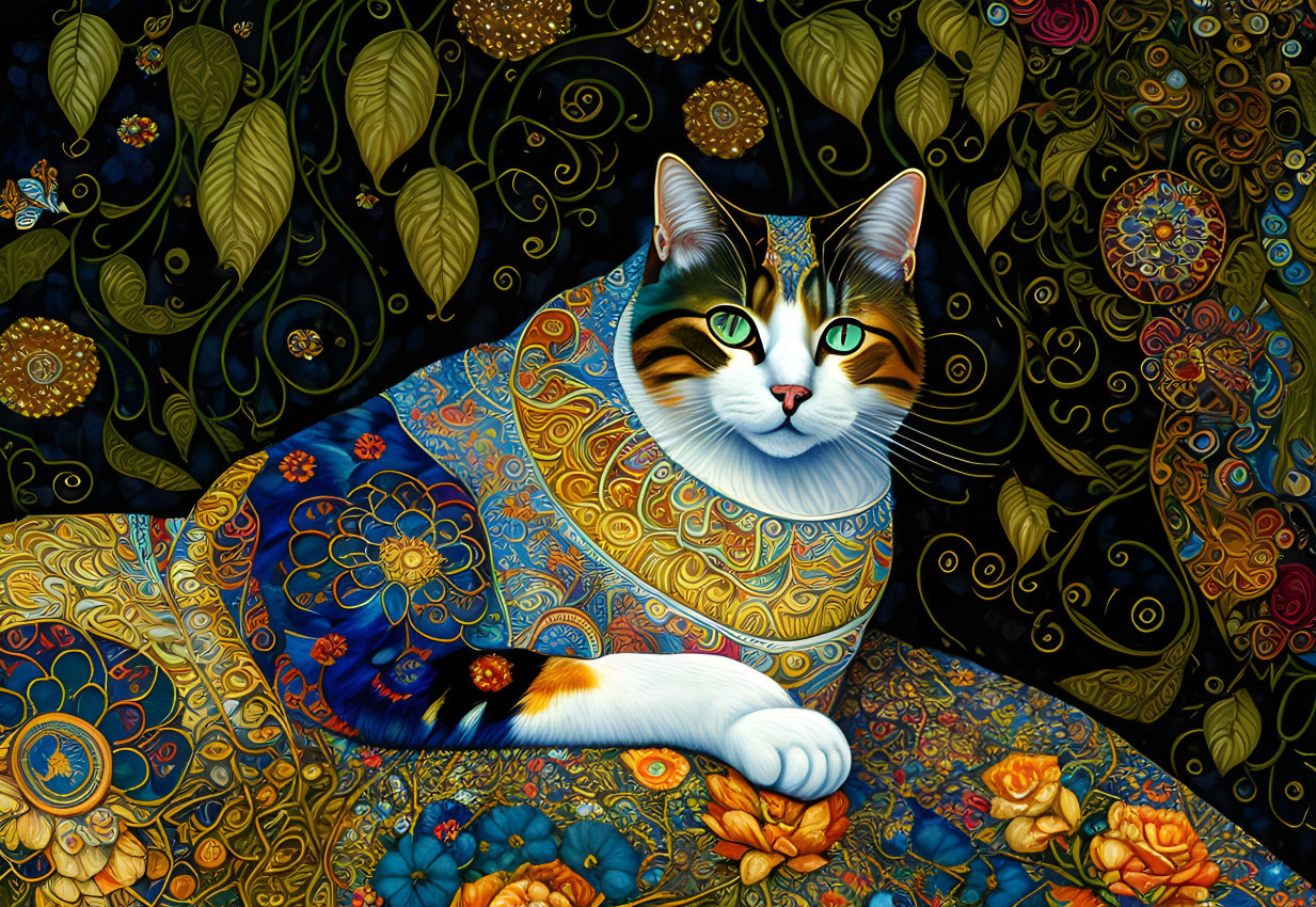 Colorful Cat Artwork with Intricate Patterns on Ornate Floral Background