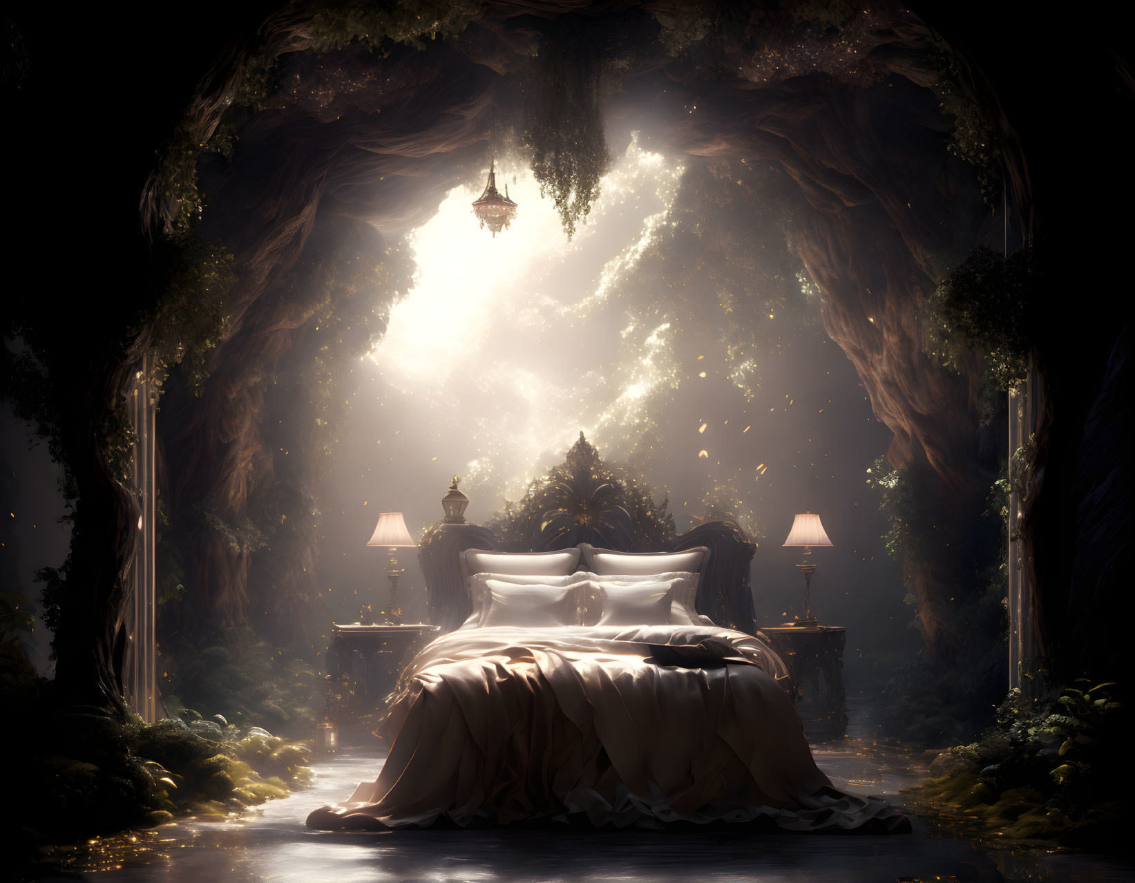 Mystical bedroom in cave with lush greenery and hanging lights