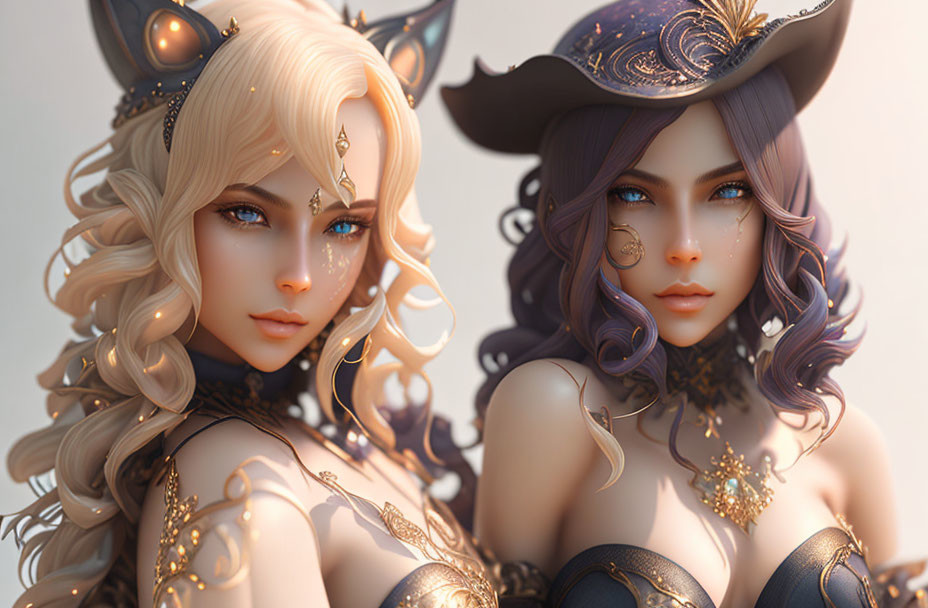 Fantasy Female Characters with Golden Accessories: Blond with Cat Ears and Purple-Haired Witch Hat