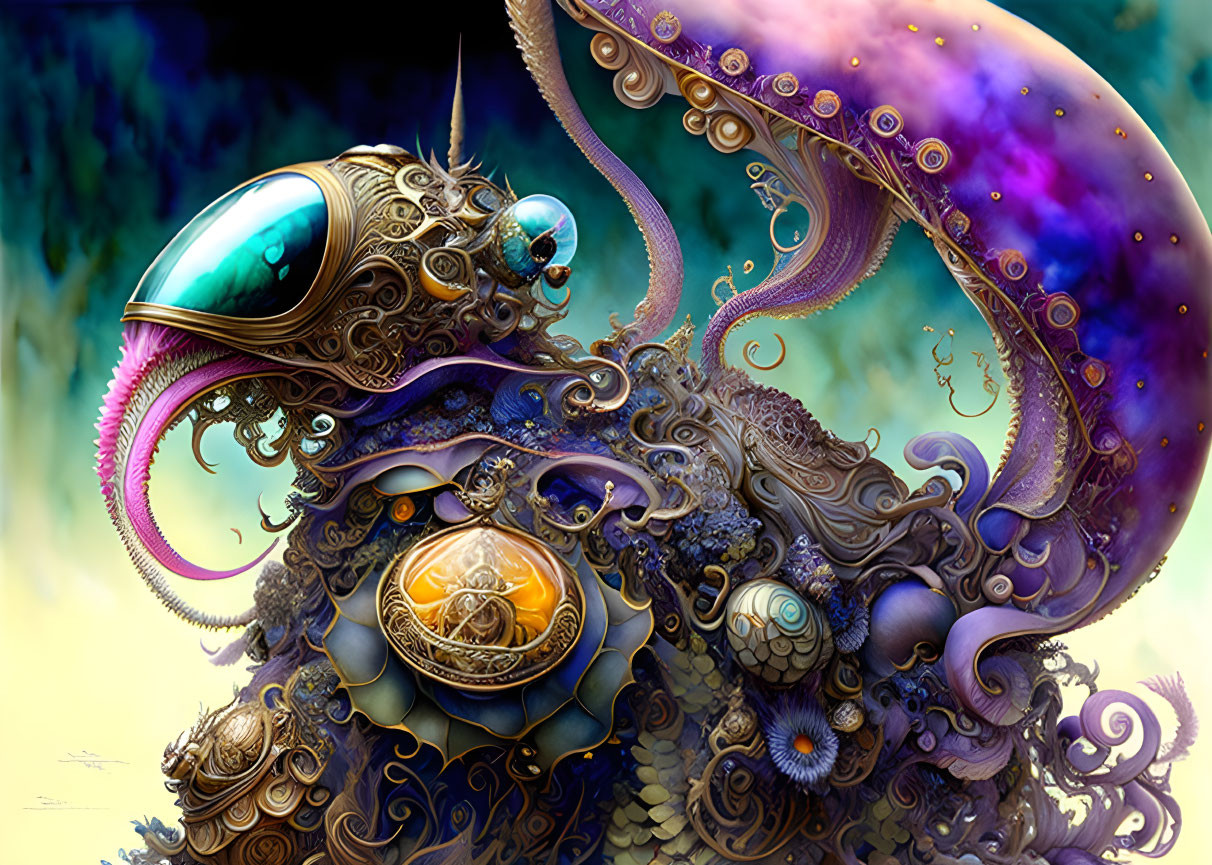 Vibrant artwork of ornate mechanical octopus with intricate details