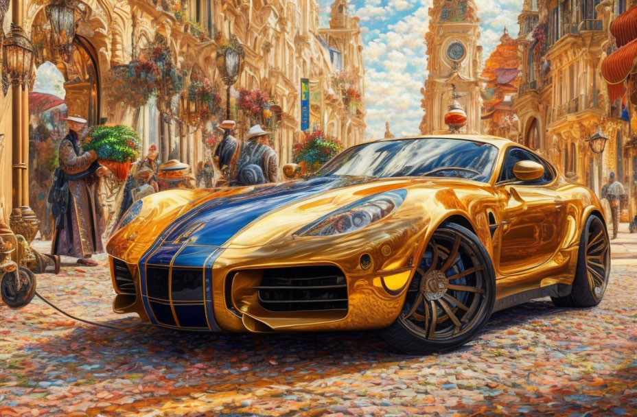 Golden sports car parked on cobblestone street in historic European city.