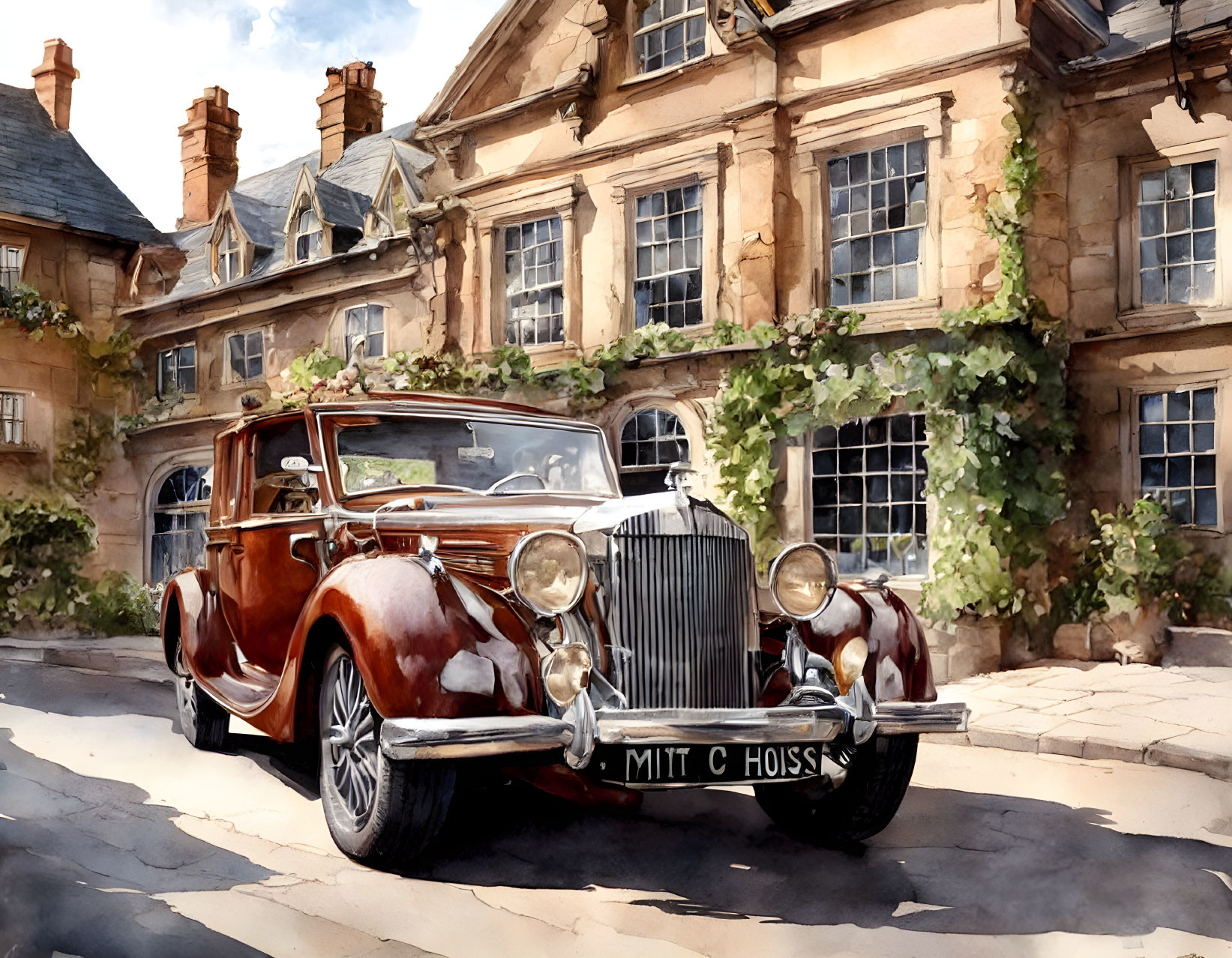 Classic Car Parked by Ivy-Covered Old Buildings