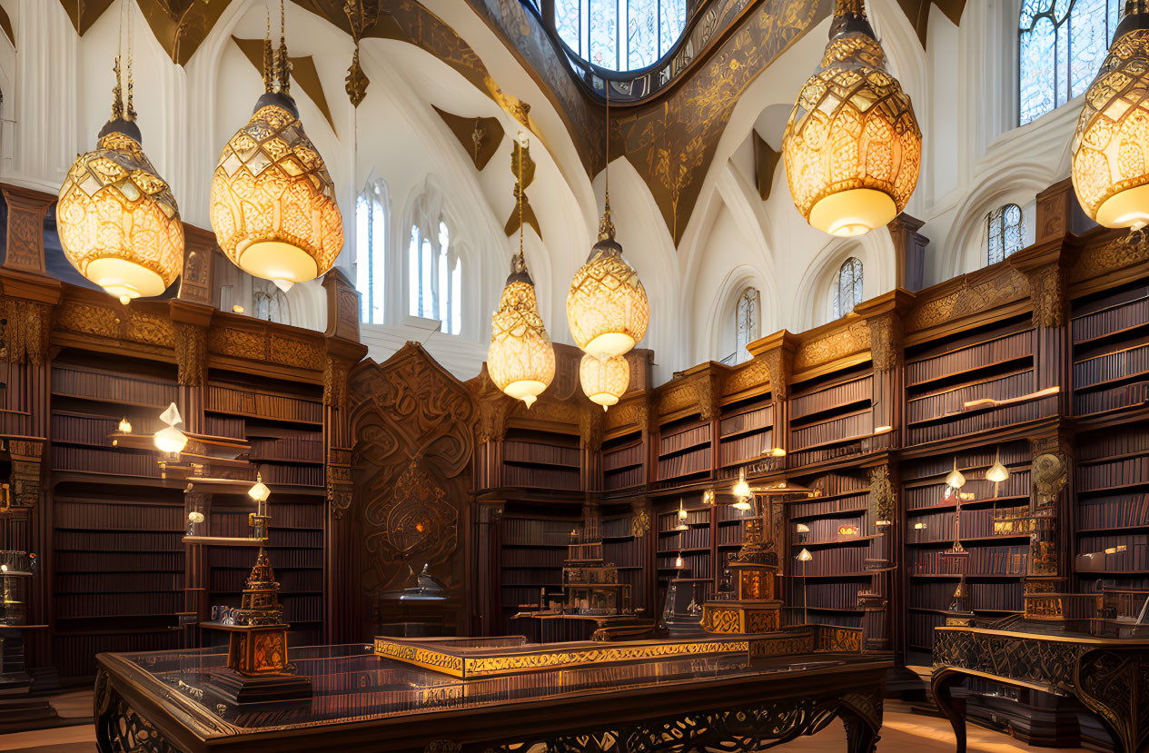 Ornate library with wooden bookshelves, stained glass lamps, vaulted ceilings, grand desk