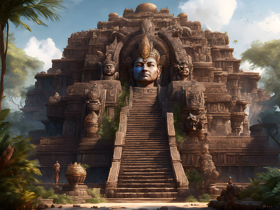 Ancient temple with giant carved face in tropical setting