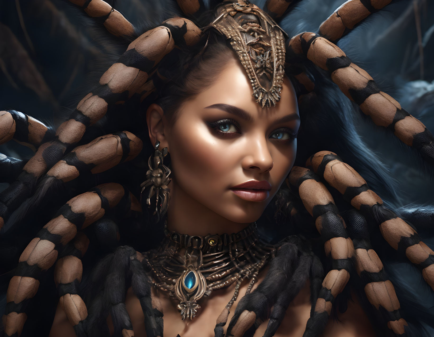 Fantasy-inspired woman adorned with ornate jewelry and headpiece in a dark setting.