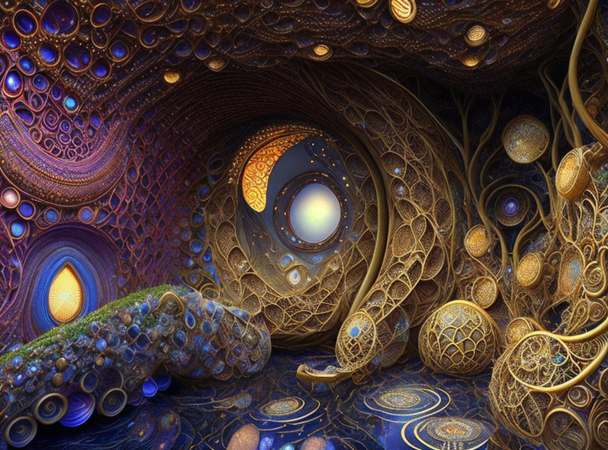 Intricate Blue and Gold Fractal Spiral Cave Interior