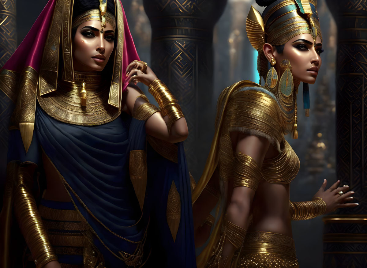 Two Women in Ancient Egyptian Costumes with Majestic Columns