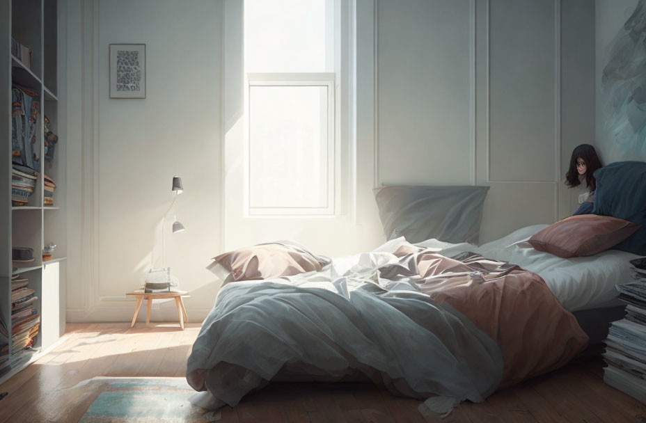 Tranquil bedroom scene with messy bed, bedside table, lamp, bookshelf, and person peek