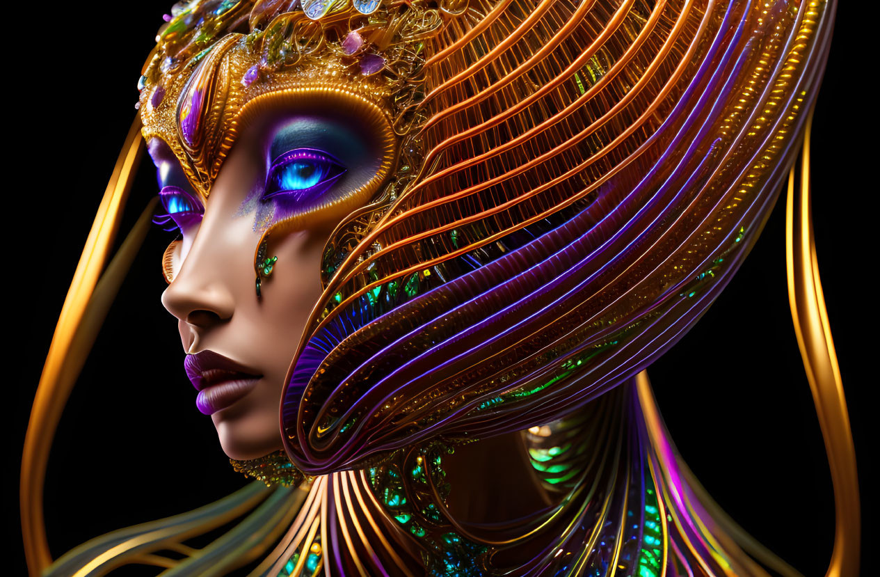 Colorful digital artwork: Woman with golden headdress and makeup on dark backdrop