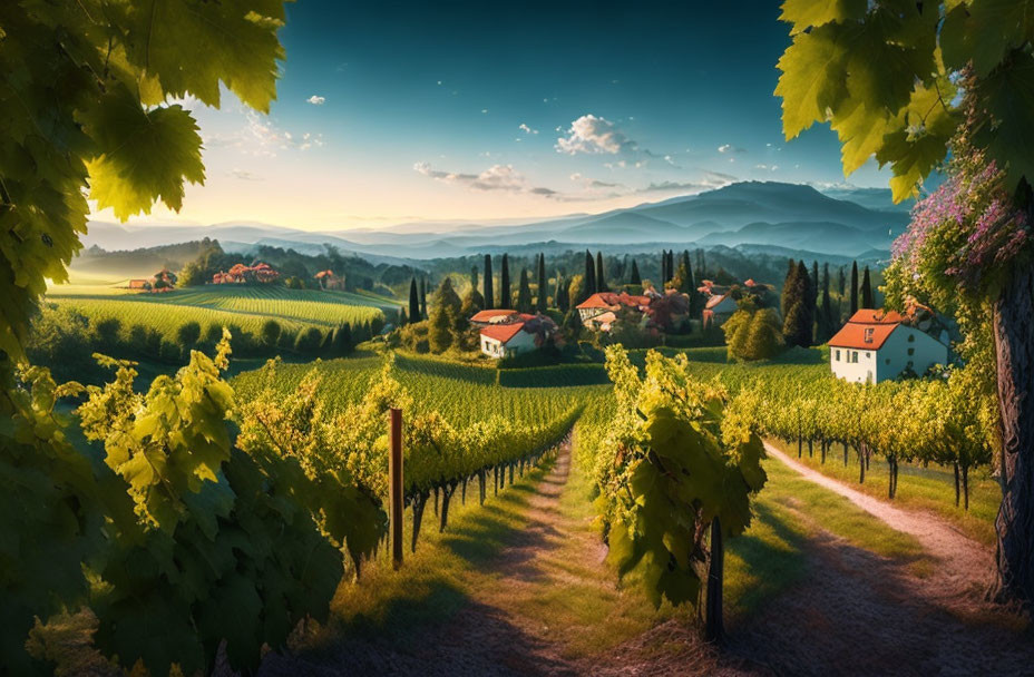 Golden sunset over lush vineyard rows and rolling hills with quaint houses.