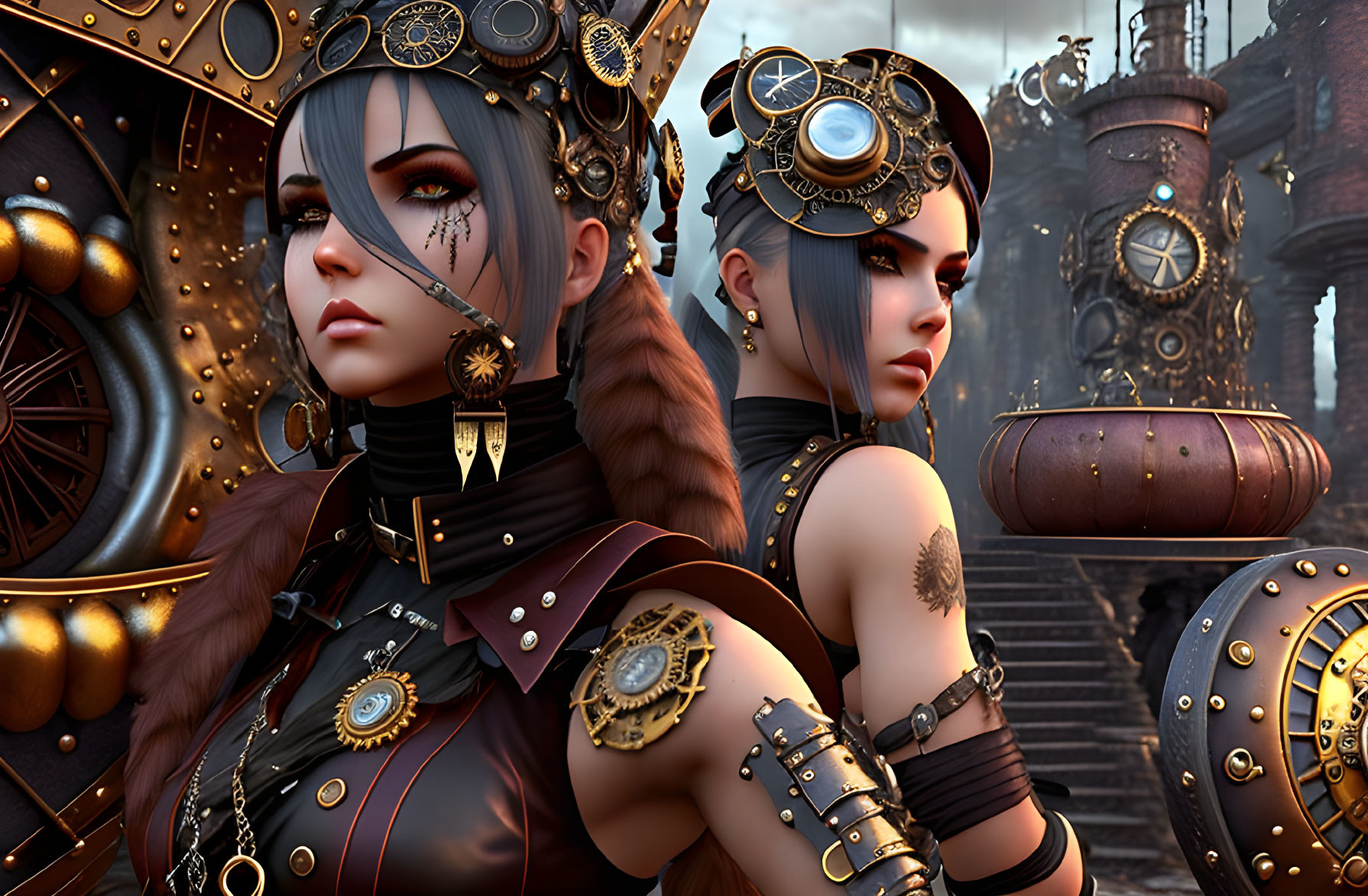 Steampunk-style female characters with goggles, braids, and gear-themed accessories on clock backdrop