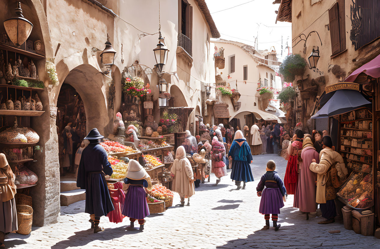 Traditional Marketplace with Vendors and Locals in Cultural Attire