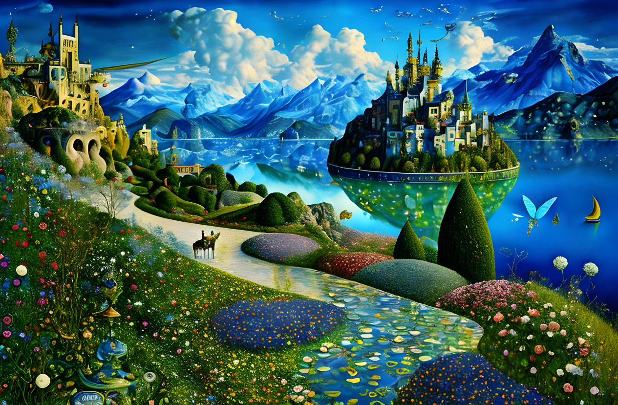 Fantasy landscape with vibrant flowers, castles, and sailboats