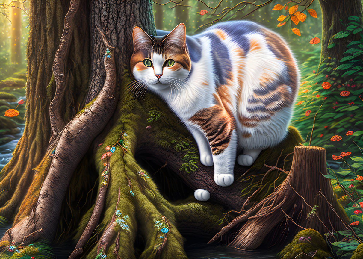 Calico Cat with Amber Eyes in Sunlit Forest Setting