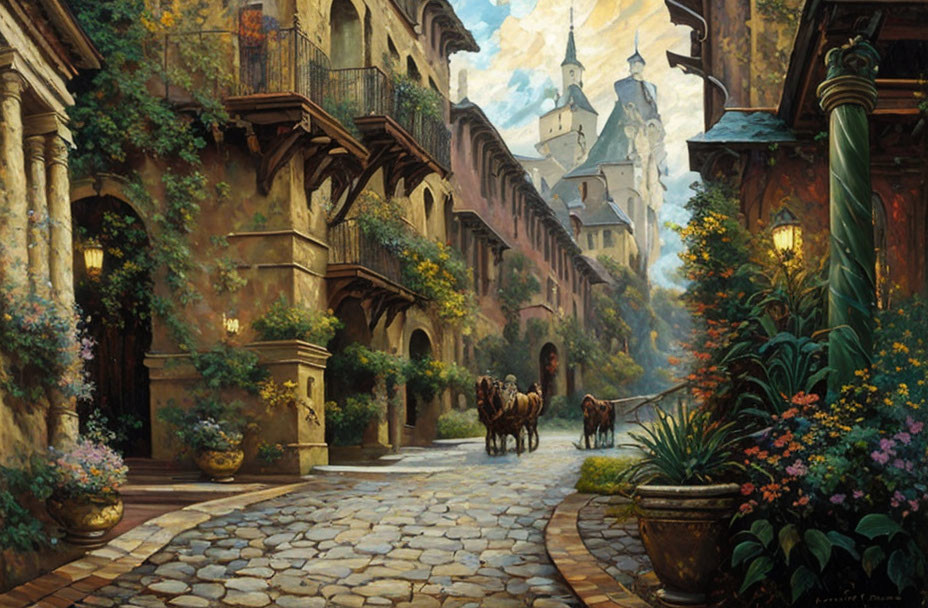 Tranquil cobblestone street with horse-drawn carriage and castle view