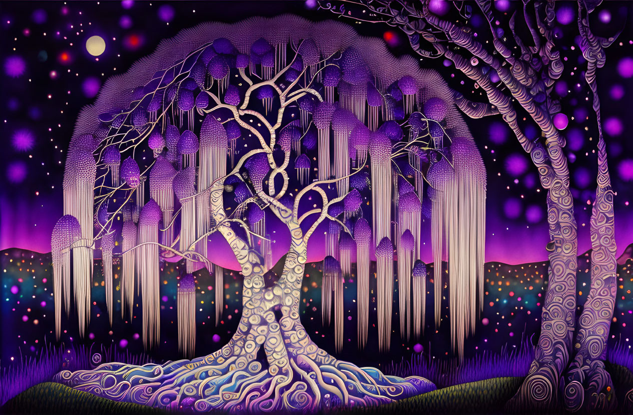 Whimsical tree with purple foliage under starry night sky